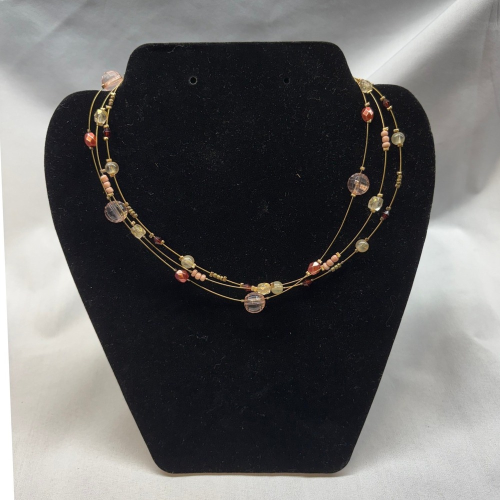 NY Necklace Women OS Gold Pink Excellent Triple Strand Floating Bead Layered